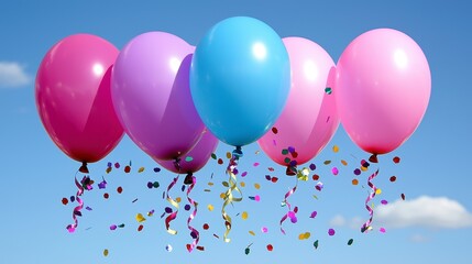 Colorful Balloons and Confetti Floating in a Blue Sky