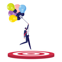 Reaching goal or target concept, achievement or business success, businessman with lightbulb balloons landing down to center of target