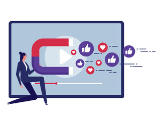 Promotion in social media and customer acquisition, businesswoman holding magnet to call to action from audience or customer as influence marketing or advertising, attracting users and customers