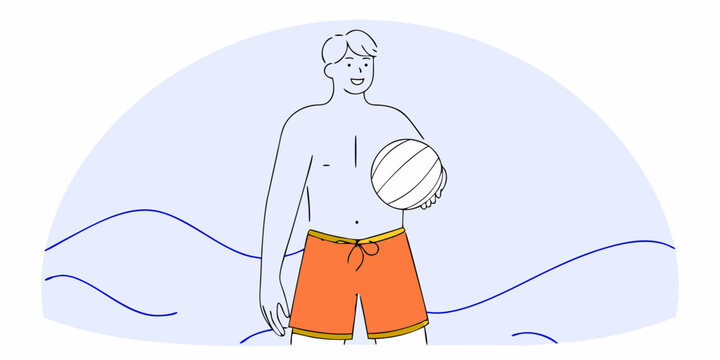 Joyful man in swim trunks stands in the water holding a beach ball, evoking summer vibes and beach fun for creative projects.