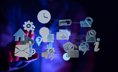 Hand interacting with digital icons, network, technology, connection, communication, global