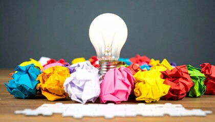Creative idea and brainstorming concept. A glowing light bulb stands out among colorful crumpled papers representing discarded ideas.