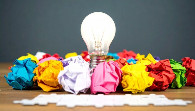 Creative idea and brainstorming concept. A glowing light bulb stands out among colorful crumpled papers representing discarded ideas.