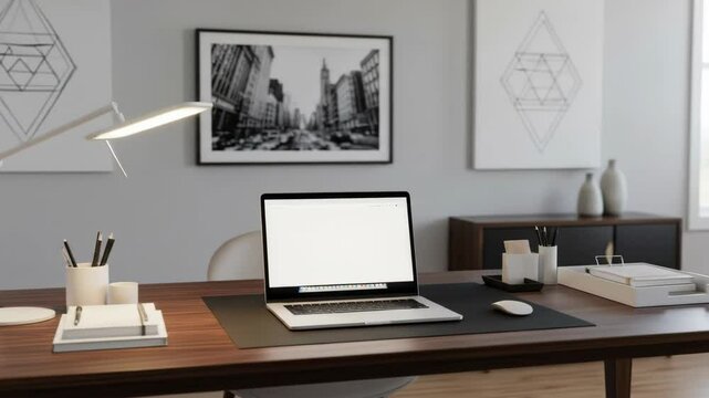 Modern home office setup with laptop, desk lamp, and city picture, indoor workspace.