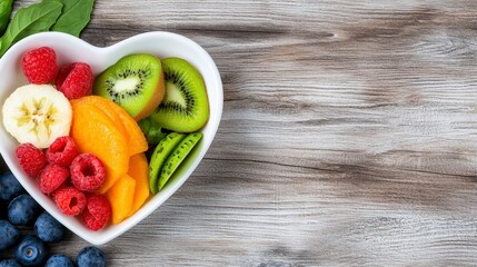 Colorful Fruit Salad in Heart Shaped Bowl on Rustic Wood