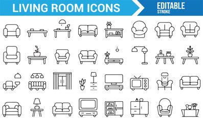 Comfortable Living Room Furniture Icons for Home Layouts, Sofa, and TV