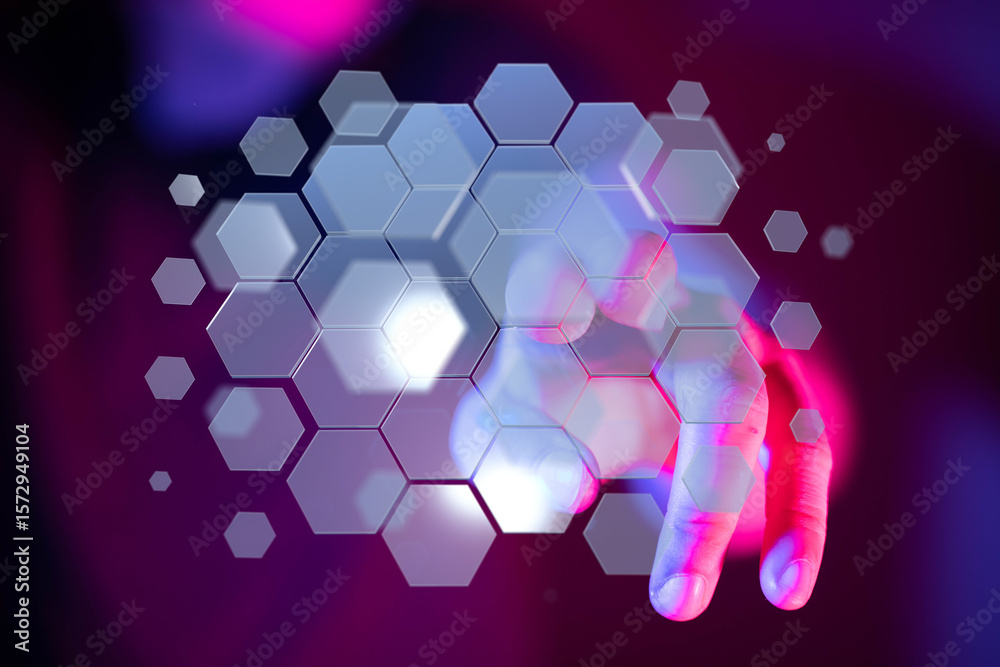 Poster abstract image of hand interacting with a digital hexagonal interface. perfect for technology, innov