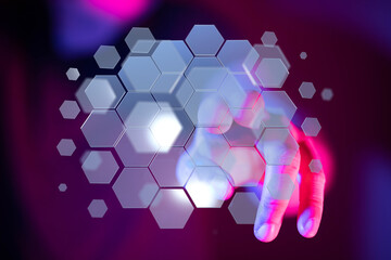 Abstract image of hand interacting with a digital hexagonal interface.  Perfect for technology,...