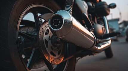 Close-up view of a motorcycle rear tire and exhaust pipe with chrome details and rubber texture, showcasing mechanical design, speed concept, modern motorbike parts in a powerful dynamic composition
