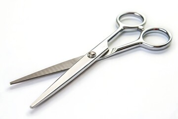 Obraz premium Open metal scissors with silver blades on a clean white background