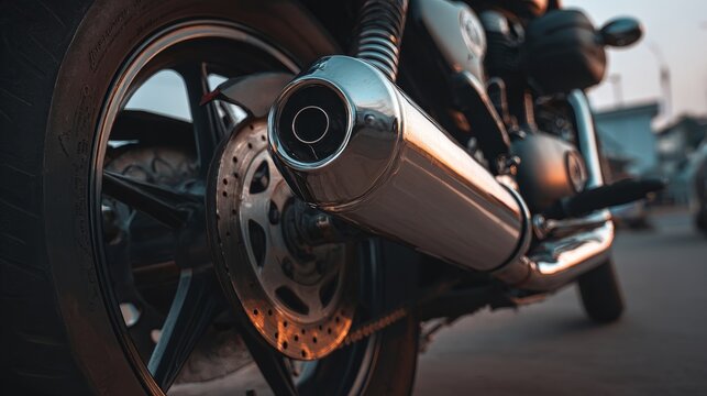 Close-up view of a motorcycle rear tire and exhaust pipe with chrome details and rubber texture, showcasing mechanical design, speed concept, modern motorbike parts in a powerful dynamic composition