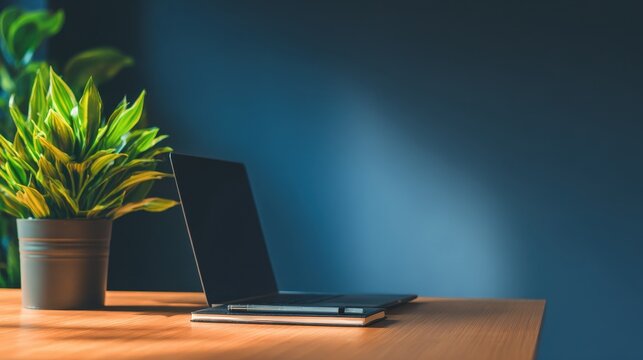 A sleek laptop sits on a wooden desk beside a vibrant green plant against a blue wall