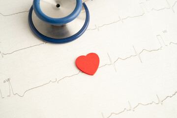 Stethoscope on electrocardiogram ECG, heart wave, heart attack, cardiogram report.
