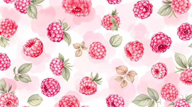 Watercolor pattern featuring raspberries white background