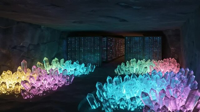 Colorful crystal cavern with shimmering lights and reflections
