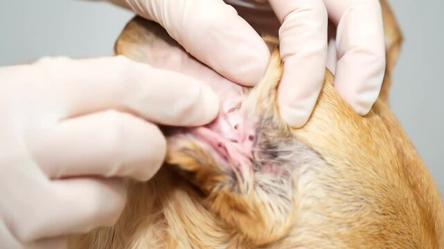 Dog's ear exam held open by gloved hands, revealing possible irritation/infection