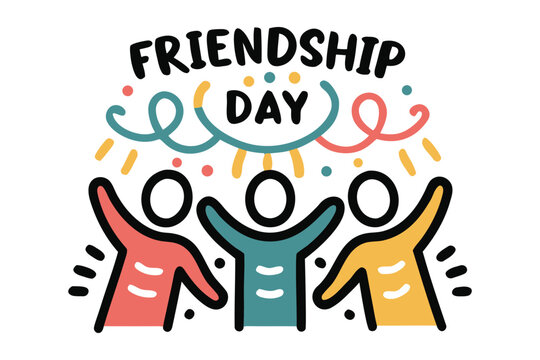 Three diverse friends celebrating friendship day with colorful confetti and festive streamers overhead in a joyful illustration