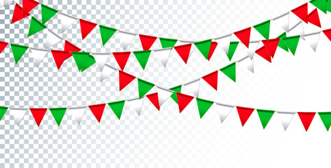 Obraz premium Colorful Party Flags Garland Isolated on Clean Background. Vector Buon Ferragosto Illustration for Italian Traditional Midsummer Holiday Festival Design for Celebration Banner, Flyer, Invitation