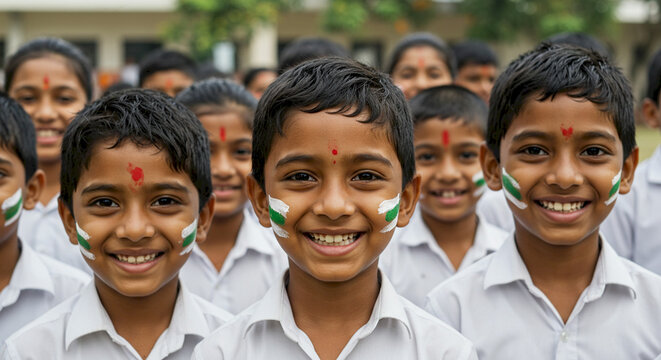 Group of smiling Indian schoolchildren with face paint outdoors  
