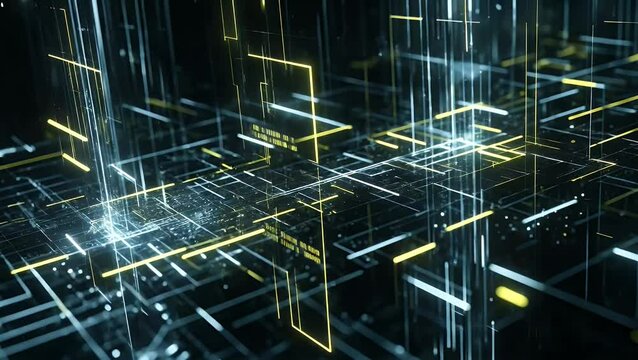 Digital grid with glowing blue and yellow lines on a dark background