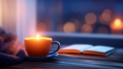 Cozy evening scene with a candlelit cup of tea beside an open book by a window with blurred lights