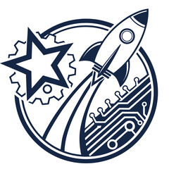 Illustration of a rocket launching upwards with a star, gears, and circuit board inside a circle