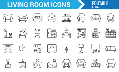 Set of Living Room Furniture Icons for Comfortable Home Design and Decoration