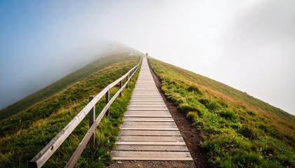 Long wooden pathway ascending a misty, verdant mountain, symbolizing progress, challenge, and the journey towards an unknown yet promising destination.