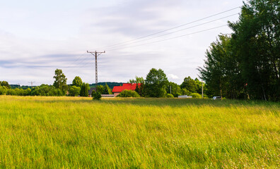 Open rural field with tall summer grass and electric power lines crossing the landscape. Scenic...