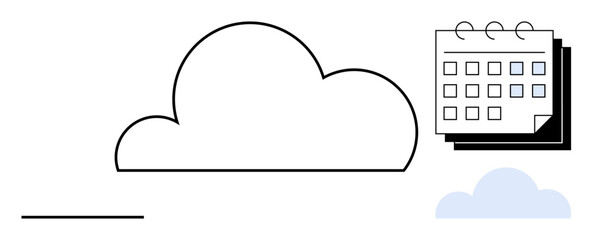 Large outlined cloud alongside a detailed calendar. Ideal for technology, planning, organization, task management, scheduling, cloud services, and data storage. Simple flat metaphor