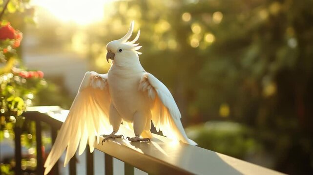 Elegant white parrot spreading its wings in warm sunlight, symbolizing grace, freedom, and exotic beauty.
