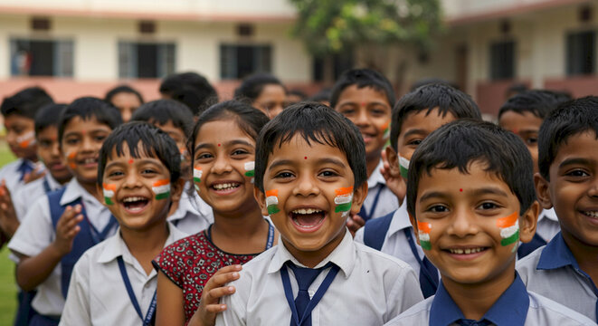 Happy Indian schoolchildren smiling with painted faces outdoors  