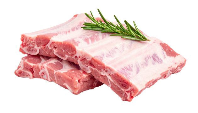 Raw pork ribs stacked with a sprig of fresh rosemary on top.