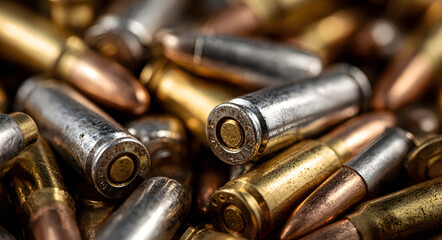 Close up of a large jumbled pile of silver and gold rifle ammunition cartridges