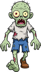 A Grotesque Undead Creature with Green Skin and Ripped Clothing Stumbling Forward in a Horrifying Manner