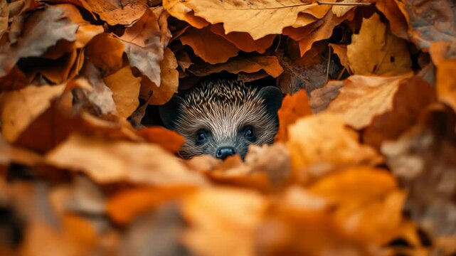 Small hedgehog tucked under a pile of dry autumn leaves, blending into a cozy forest floor scene.
