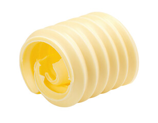 A smooth, creamy butter curl with soft ridges, showcasing a rich yellow color and delicate texture.