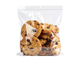 A clear resealable plastic bag filled with round chocolate chip cookies.