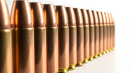 Copper Bullets Lineup on White Background with Bright Lighting and Reflection for Ammunition and Firearms Marketing