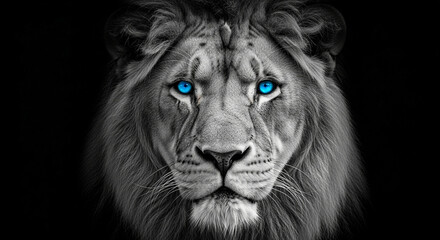 Naklejka premium Lion portrait black and white with blue eyes majestic animal feline predator
