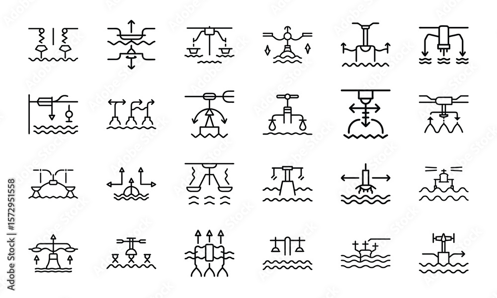 Poster collection of vector illustrations depicting various water-related concepts including flows and stru