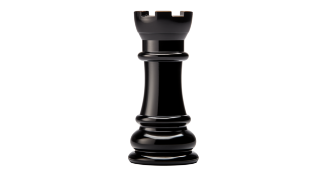 A classic black rook chess piece stands isolated on transparent background