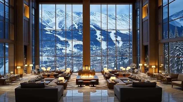 Luxurious Mountain Resort Lobby with Stunning Scenic Views