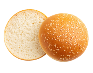 A sesame seed hamburger bun with one half showing the inside and the other half showing the golden-brown top sprinkled with sesame seeds.