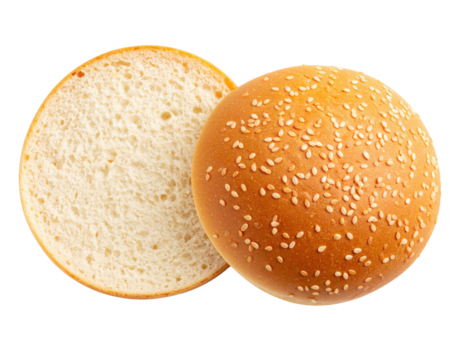 A sesame seed hamburger bun with one half showing the inside and the other half showing the golden-brown top sprinkled with sesame seeds.