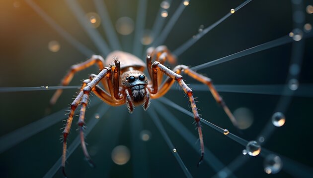A spider sits at the center of its dewy web
