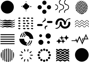 Black and white abstract icon set featuring dots, waves, spirals, and minimal symbols. Ideal for UI kits, branding, or modern background accents.