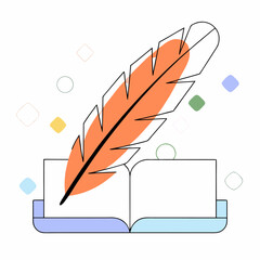 Vector concept of an orange feather over an open book, representing writing, creativity, and literature. Perfect for editorial, branding, or educational themes.