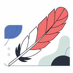 Modern vector illustration of a red and blue feather over abstract background. Ideal for editorial design, storytelling visuals, and decorative branding.