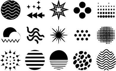 Stylized black abstract vector elements including stars, circles, waves, and dot lines. Ideal for tech themes, creative decoration, and branding visuals.